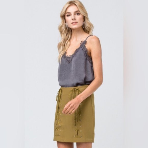 Entro Robin High Waist Lace Up Mini Skirt Olive Green Lined New Night Out Small - Picture 7 of 15
